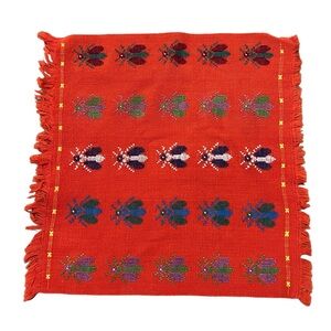 Vintage Guatemalan Cotton Bug Embroidered Cotton Mat Textile Art, Red / Multi